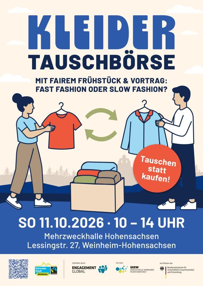 Plakatmotiv Kleidertauschbörse Bildmotiv mit zwei Menschen die Kleider tauschen