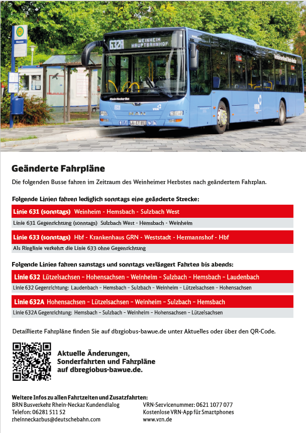 Flyer Sonderfahrplan Weinheimer Herbst Flyer der Verkehrsgesellschaft mit QR-Code und Infos zum Sonderfahrplan
